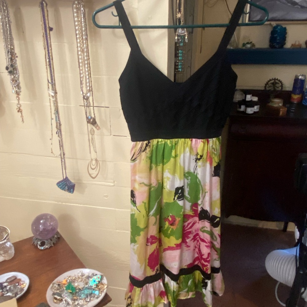 Bebe Black and Multicolor Floral Midi Dress